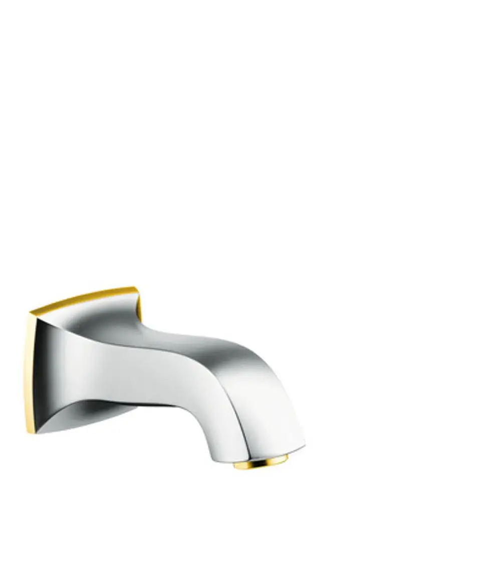 Hansgrohe-Wanneneinlauf in Chrom-Optik mit goldenen Akzenten, konvexe Form, wandmontiert, für zeitgemäße Badgestaltung.